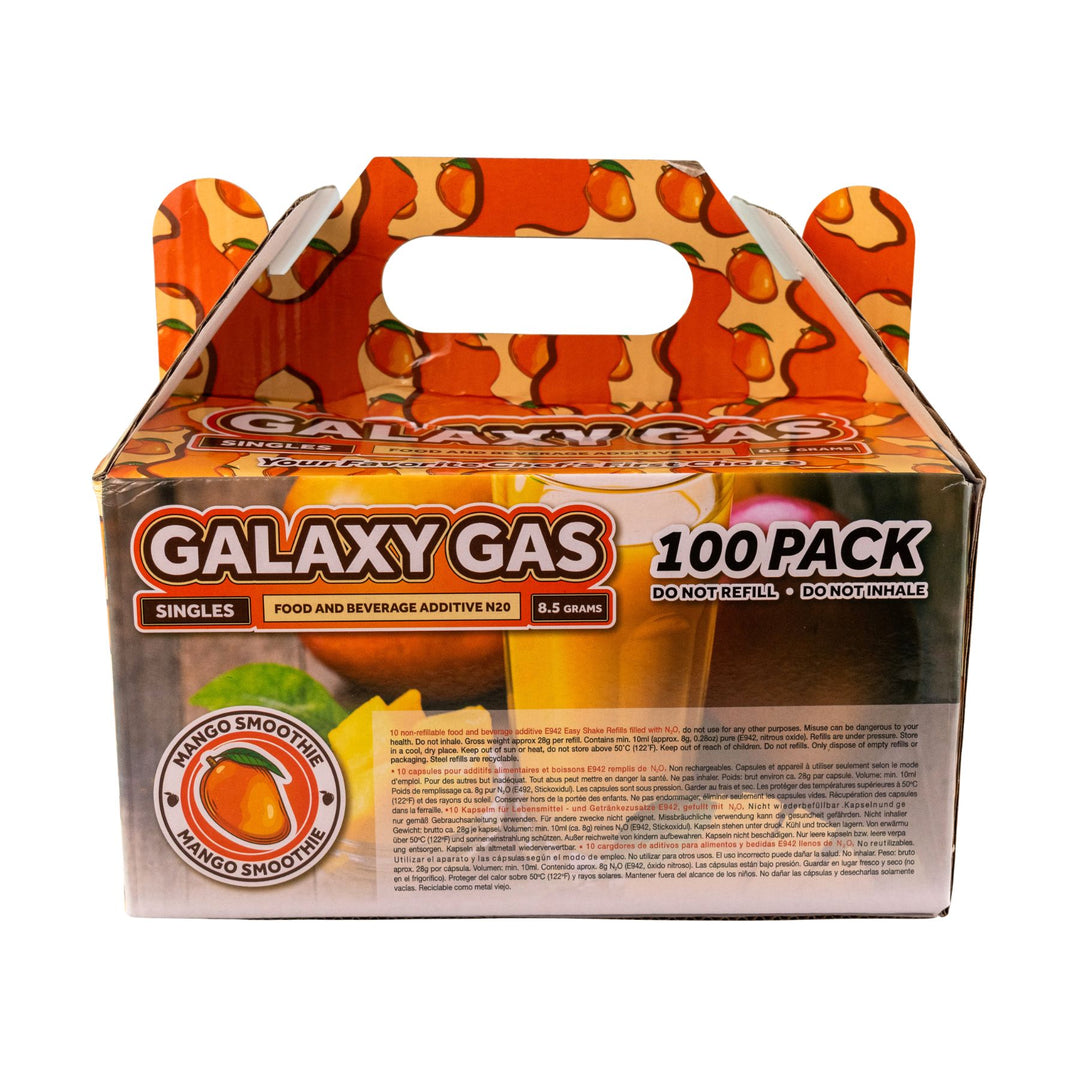 "Back of a 100ct box of Mango Smoothie Galaxy Gas on a white background," - Up N Smoke.
