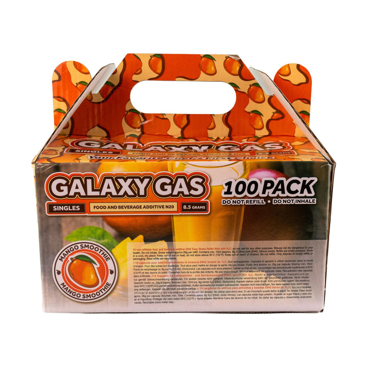 "Back of a 100ct box of Mango Smoothie Galaxy Gas on a white background," - Up N Smoke.