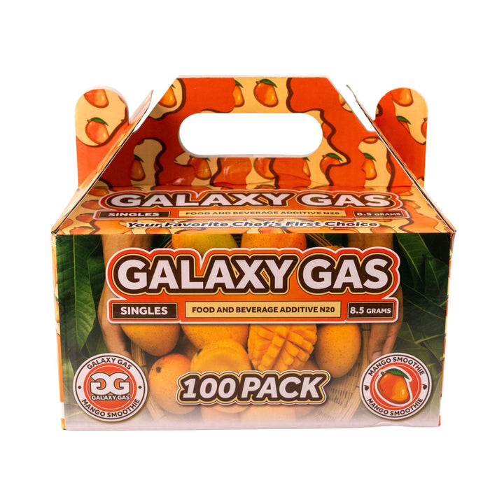 "Front of a 100ct box of Mango Smoothie Galaxy Gas on a white background," - Up N Smoke.