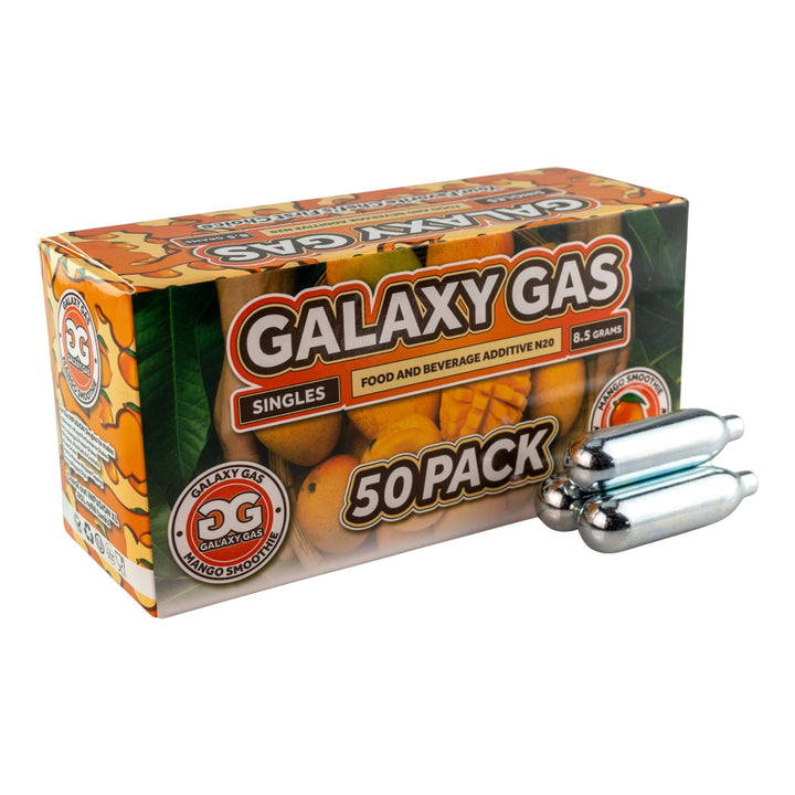 "Side angle of a 50ct box of Mango Smoothie Galaxy Gas with three cartridges in front on a white background," - Up N Smoke.