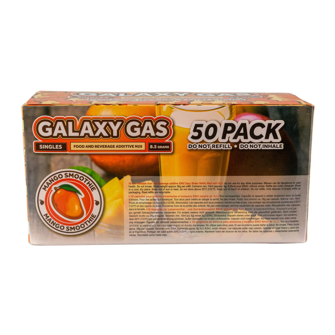 "Back of a 50ct box of Mango Smoothie Galaxy Gas on a white background," - Up N Smoke.