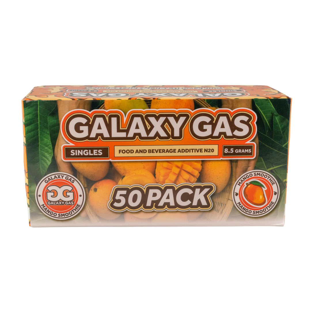 "Front of a 50ct box of a Mango Smoothie Galaxy Gas on a white background," - Up N Smoke.
