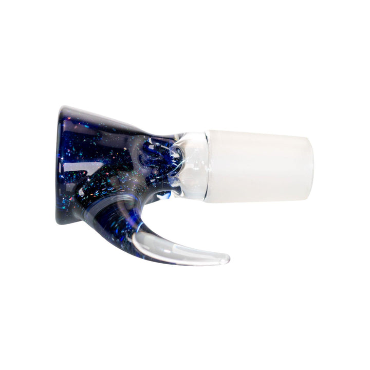 "Left side of a dark blue McFly Glass 18/19mm Crushed Opal Bowl on a white background," - Up N Smoke.