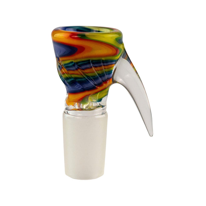 "Rainbow McFly Glass Herb Slide with vibrant colored swirls on a white background," - Up N Smoke.