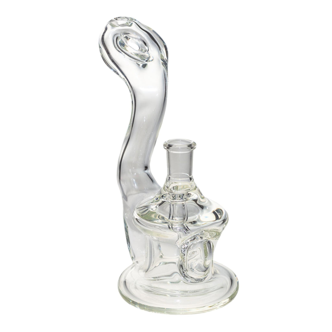 Front right view of a McFly rip curl bubbler. This piece has a goose neck and a fixed down stem. - Up N Smoke.