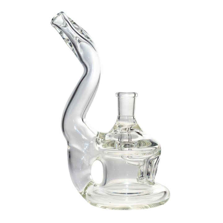 Side right profile view of a McFly rip curl bubbler. This glass-blown piece features a fixed down stem and a goose neck. - Up N Smoke.