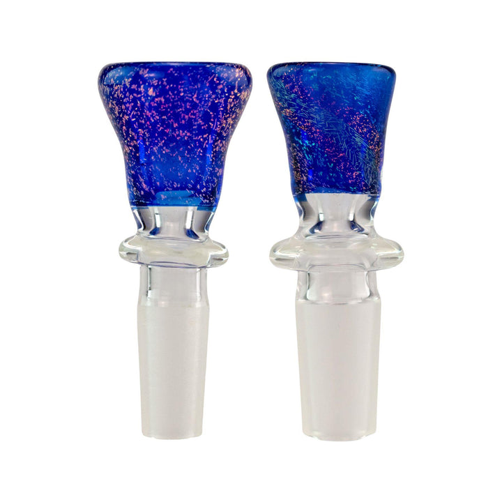 "Two glass smoking accessories with blue and purple speckled tops on a white background," - Up N Smoke.