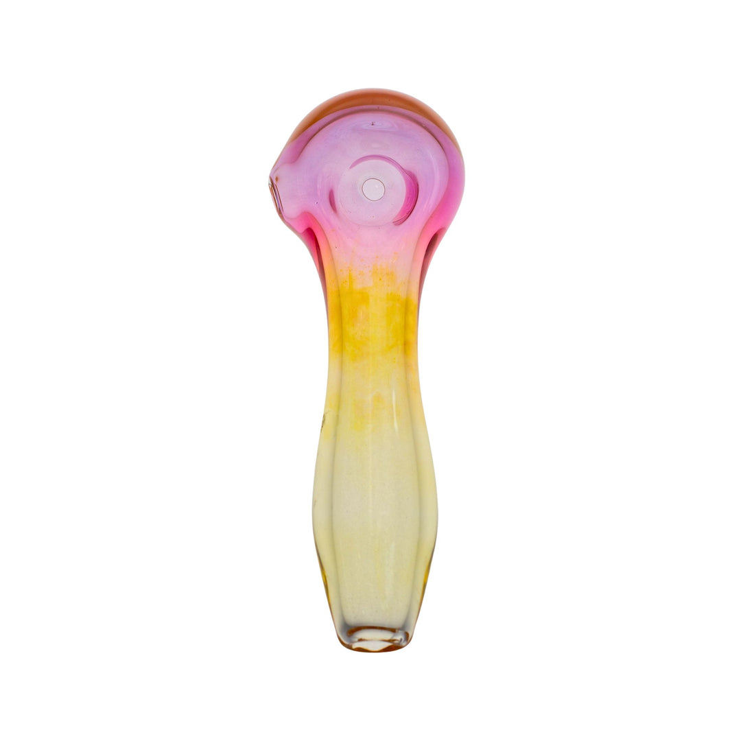 Top down view of a upright Merican Glass gold fumed spoon. This piece is pink around the bowl and melts into a gold-colored stem. - Up N Smoke.
