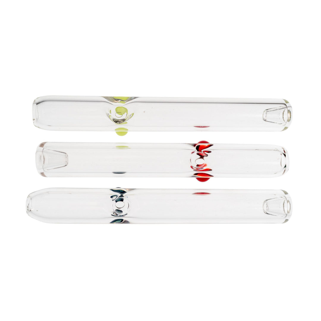 "Three Merican Glass Steamrollers in the variations Slyme, Red, and Blue, on a white background," - Up N Smoke.