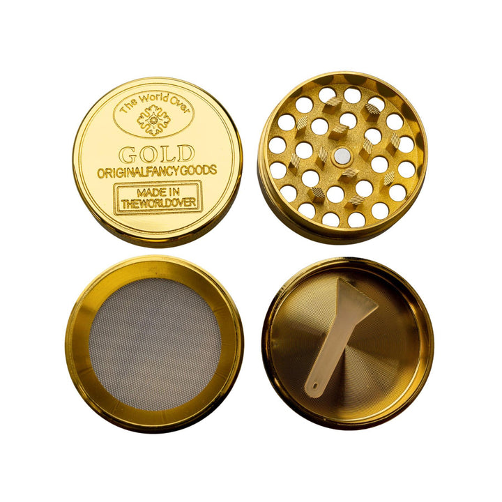 "Four-Piece Mini Gold Grinder with all four compartments laid out, showcasing the tool's details on a white background," - Up N Smoke.