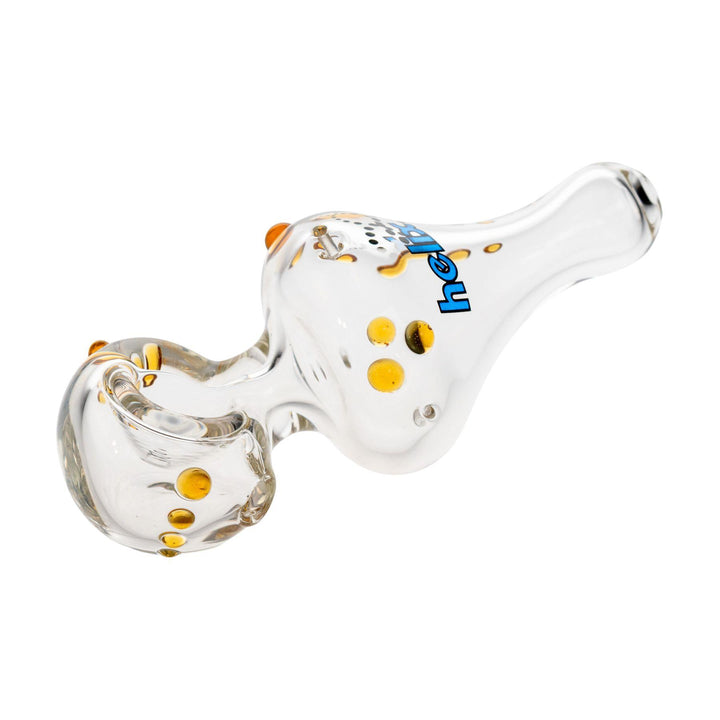 "Mini American Helix hand pipe with a blue logo and adorned with amber-colored glass dots," - Up N Smoke.