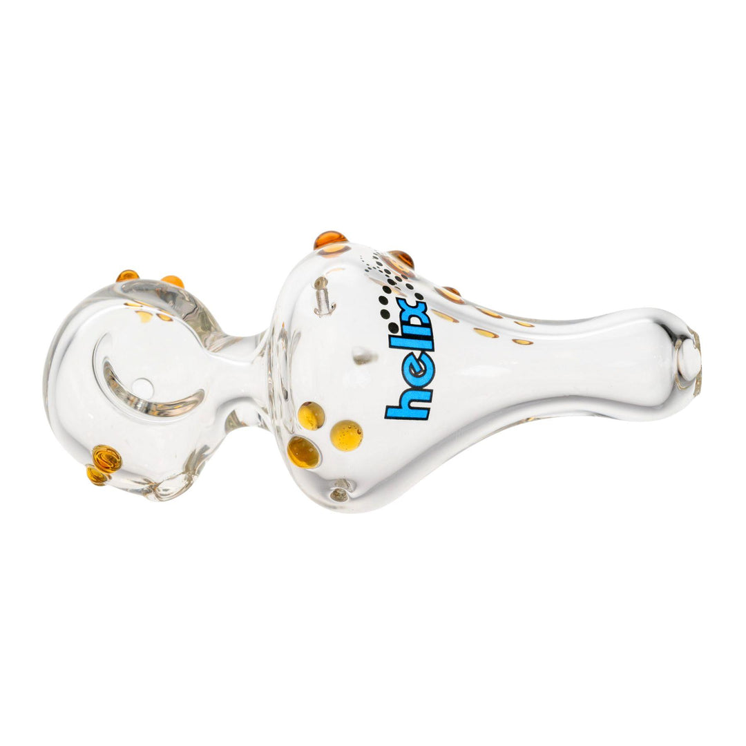 "4-inch Mini American Helix hand pipe with a blue logo and amber-colored glass dots," - Up N Smoke.