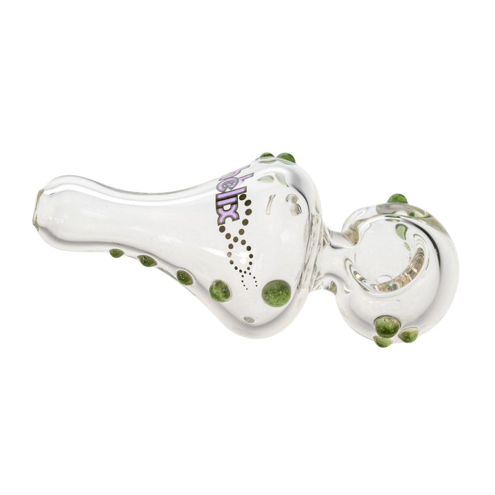 "Mini American Helix hand pipe with a purple logo adorned with green glass dots," - Up N Smoke.