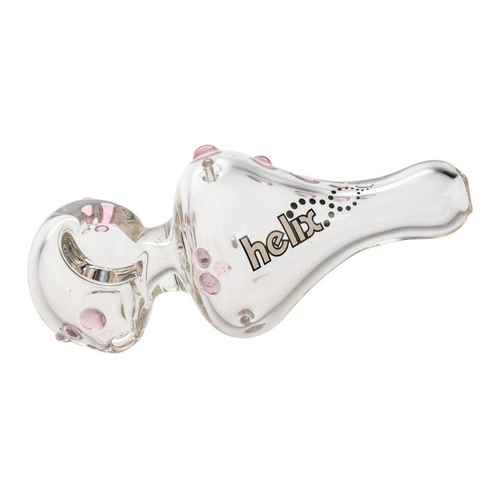 "Mini American Helix hand pipe with a white logo decal and adorned with pink glass dots," - Up N Smoke.