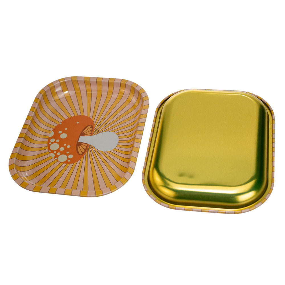 "Retro mushroom rolling tray with a colorful vintage mushroom design, measuring 7 inches by 5.5 inches, featuring a smooth surface for easy rolling and compact for portability." - Up N Smoke.