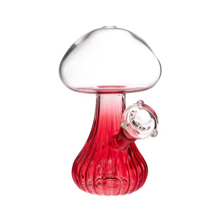 "Clear 7-inch glass water pipe with a playful mushroom design, neon base, fixed diffuser downstem, and 14mm male herb slide. Comes in various colors." – Up N Smoke