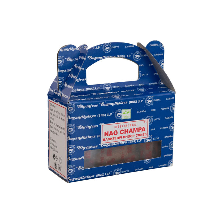 Box of Nag Champa backflow incense cones with blue and white design.