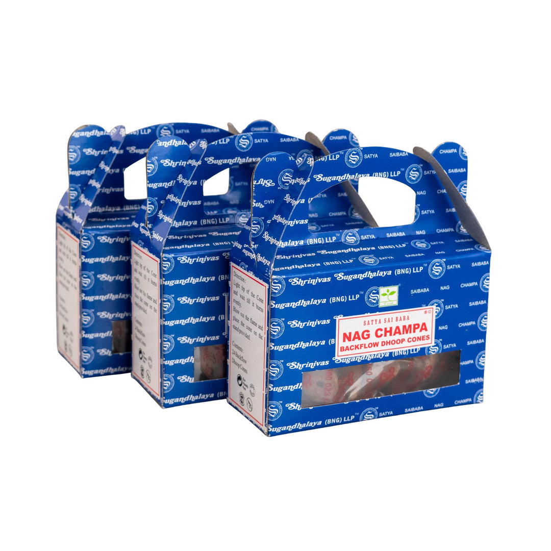 Three boxes of Nag Champa incense with blue packaging on a white background