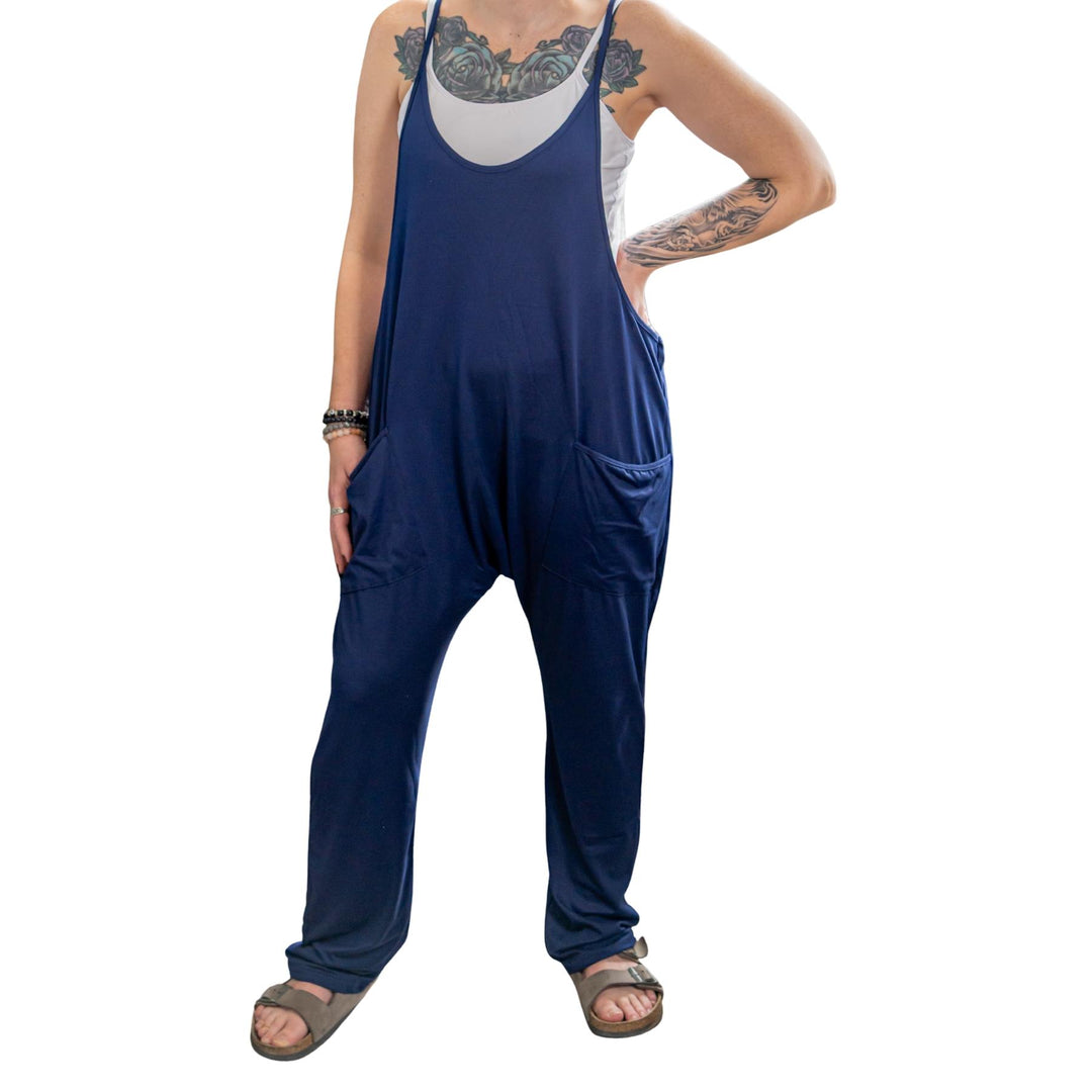 Spaghetti Strap Jumpsuit with Pockets on a white background front angle - Up N Smoke 