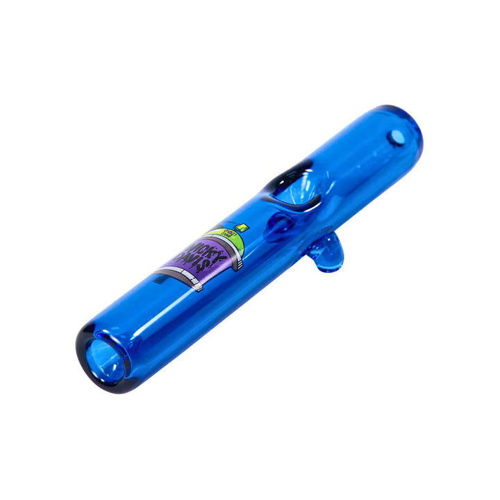 "A blue Nicky Davis steamroller hand pipe is adorned with the artist's iconic spray paint pop art. This piece has beaded legs on the bottom to ensure stability." - Up N Smoke.