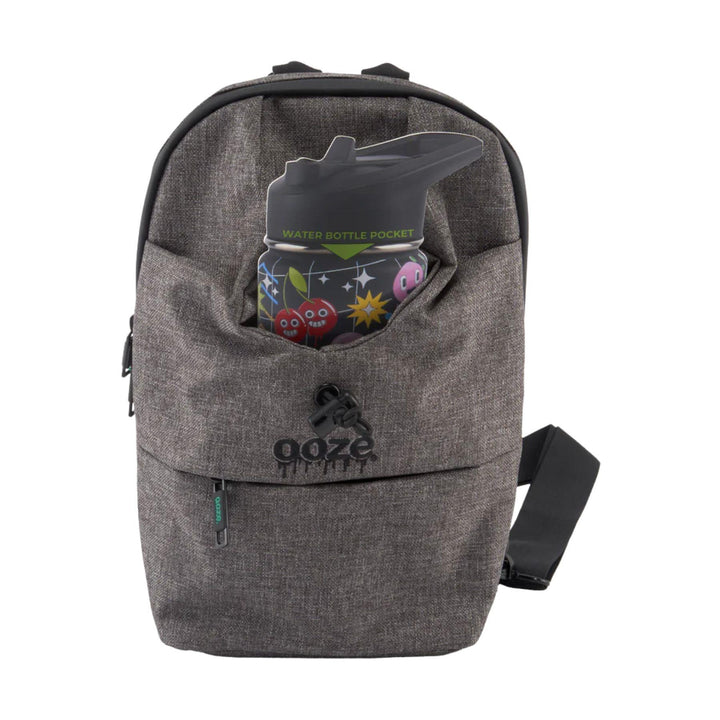 "Gray backpack with a water bottle pocket featuring the Ooze logo on a white background," - Up N Smoke.