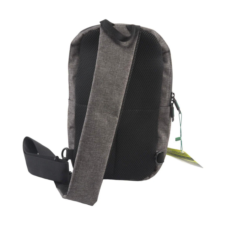 "Gray Ooze shoulder bag with a strap on a white background," - Up N Smoke.