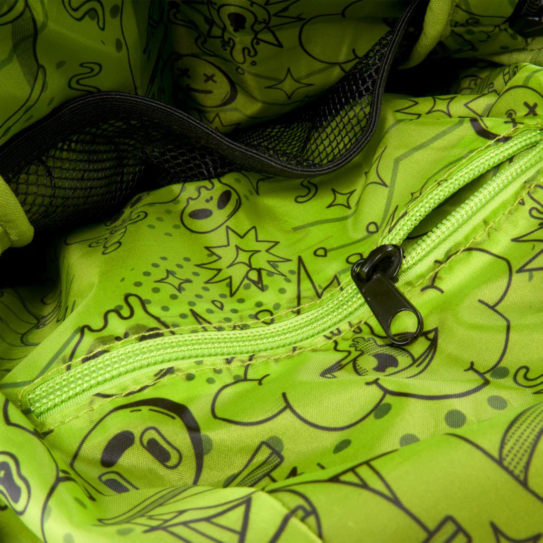 "Close-up of an Ooze bag with black cartoon character patterns on green material and a zipper," - Up N Smoke.