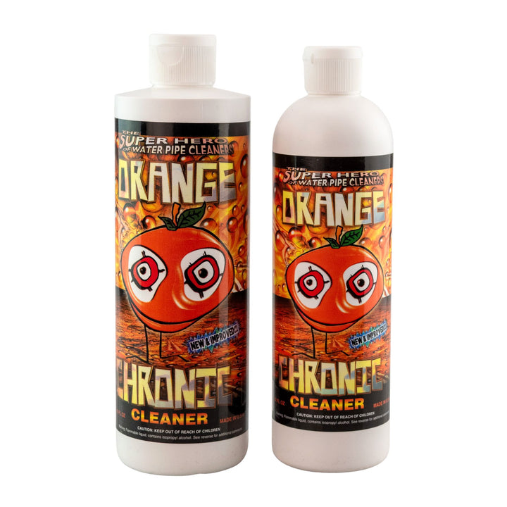 "Two bottles of Orange Chronic Cleaner in the sizes 16oz and 12oz on a white background," - Up N Smoke.