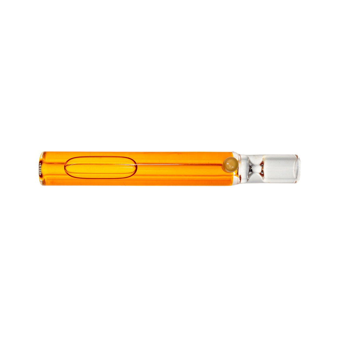 "A vibrant orange Pulsar Glycerin Taster Chillum made from durable borosilicate glass. The compact and portable chillum features a sleek design, with the body filled with freezable glycerin for cool, smooth hits. Perfect for on-the-go smoking." - Up N Smoke.