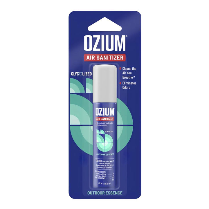 Ozium Air Sanitizer Spray 0.8oz Outdoor Essence scent displayed on a white background - Up N Smoke