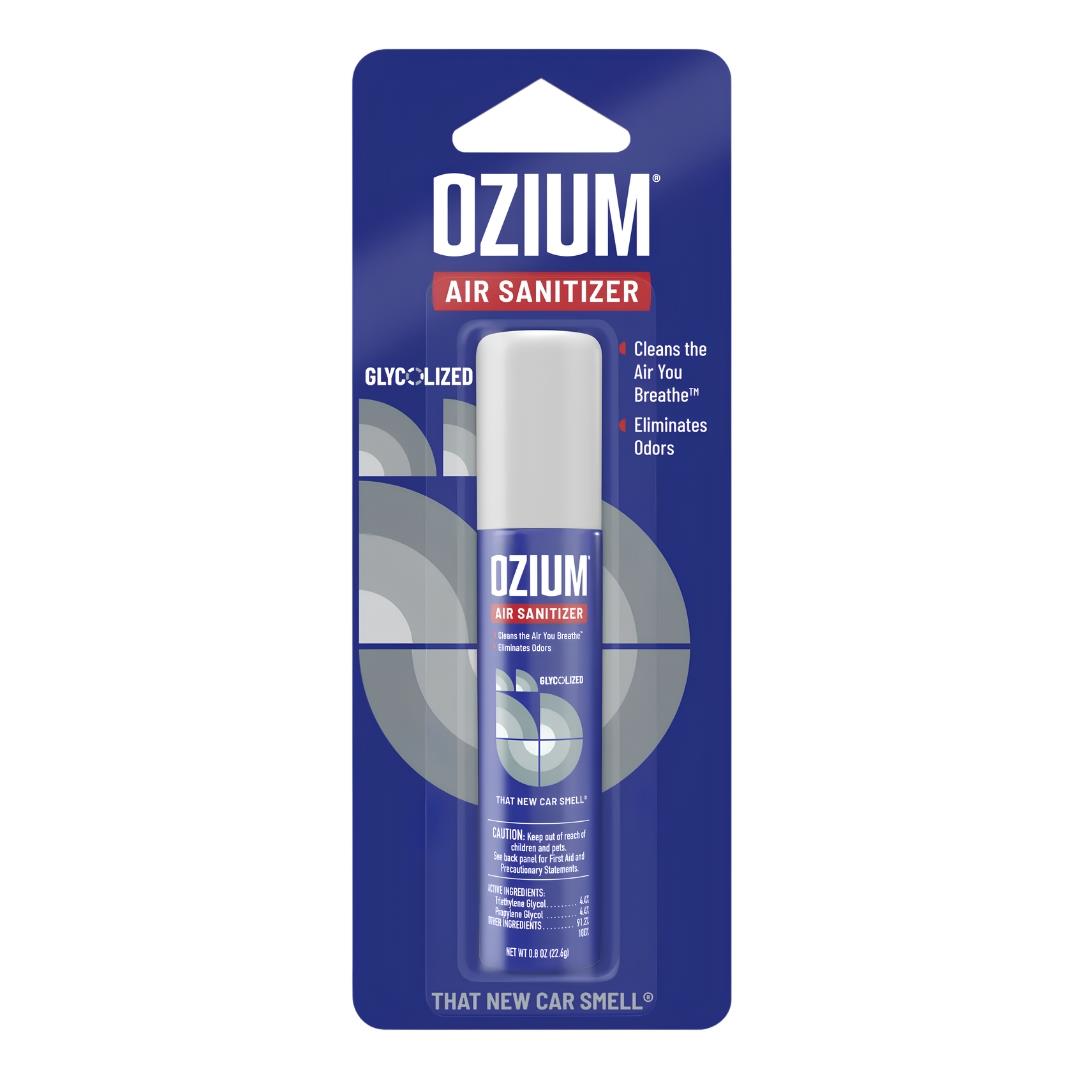 Ozium Air Sanitizer Spray 0.8oz That New Car Smell scent displayed on a white background - Up N Smoke