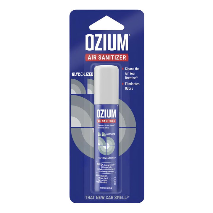 Ozium Air Sanitizer Spray 0.8oz That New Car Smell scent displayed on a white background - Up N Smoke