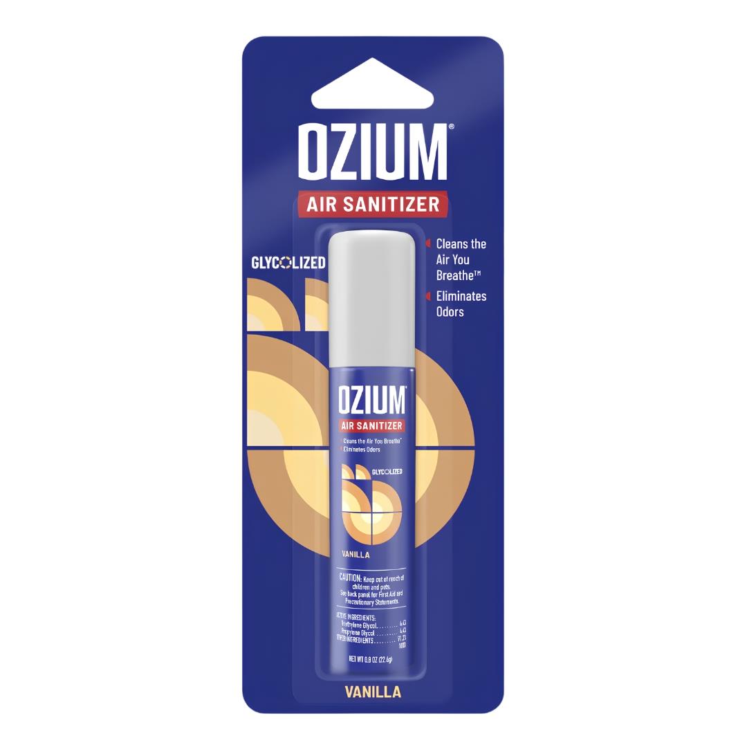 Ozium Air Sanitizer Spray 0.8oz Vanilla scent displayed on a white background - Up N Smoke