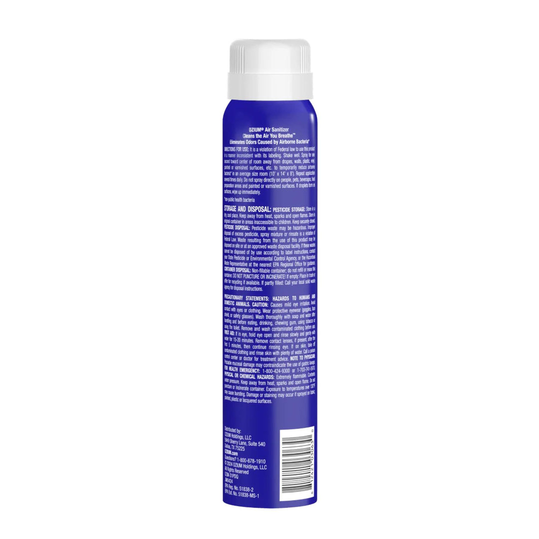 Ozium Air Sanitizer Spray back of bottle displayed on a white background - Up N Smoke