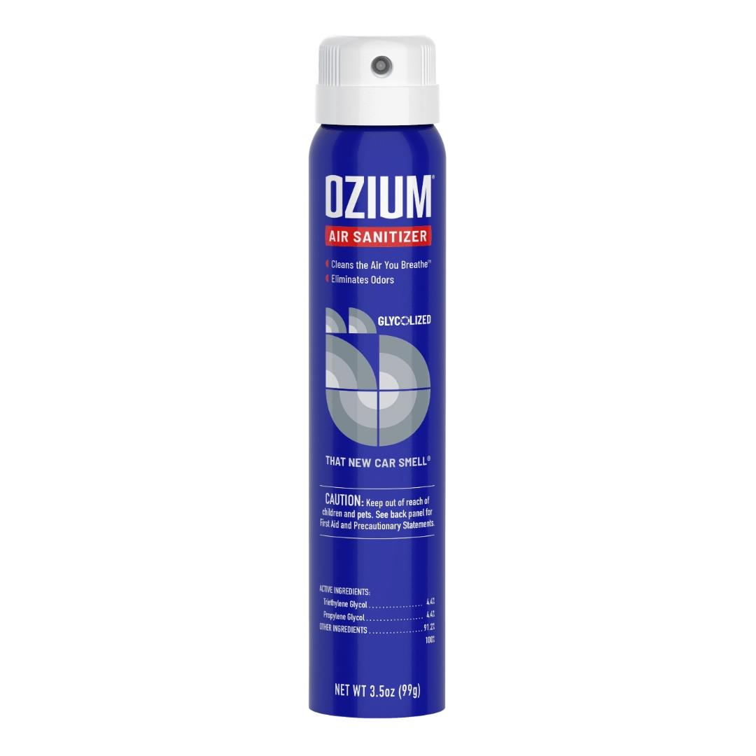 Ozium Air Sanitizer Spray 3.5oz That New Car Smell scent displayed on a white background - Up N Smoke