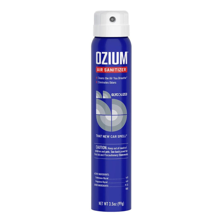 Ozium Air Sanitizer Spray 3.5oz That New Car Smell scent displayed on a white background - Up N Smoke