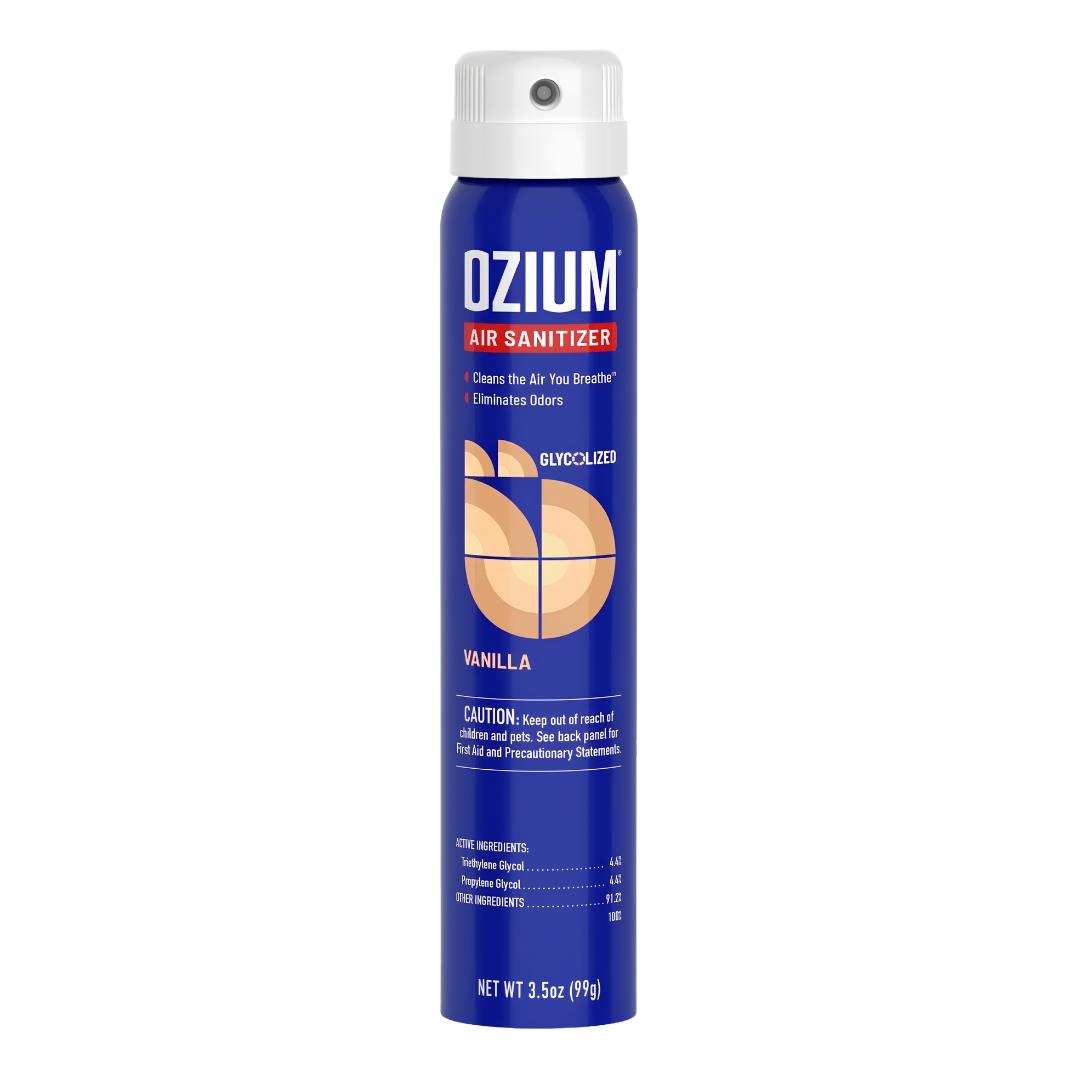 Ozium Air Sanitizer Spray 3.5oz Vanilla scent displayed on a white background - Up N Smoke