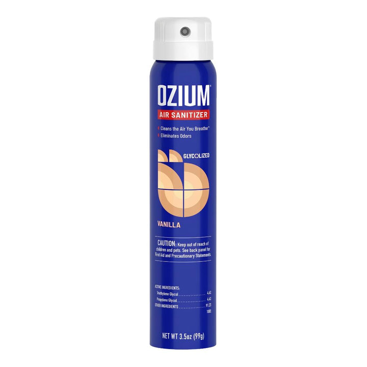 Ozium Air Sanitizer Spray 3.5oz Vanilla scent displayed on a white background - Up N Smoke