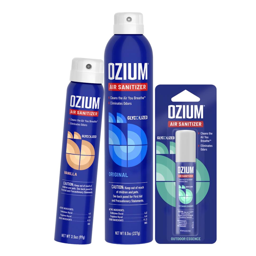Ozium Air Sanitizer Spray group photo showcasing the different scents and sizes displayed on a white background - Up N Smoke