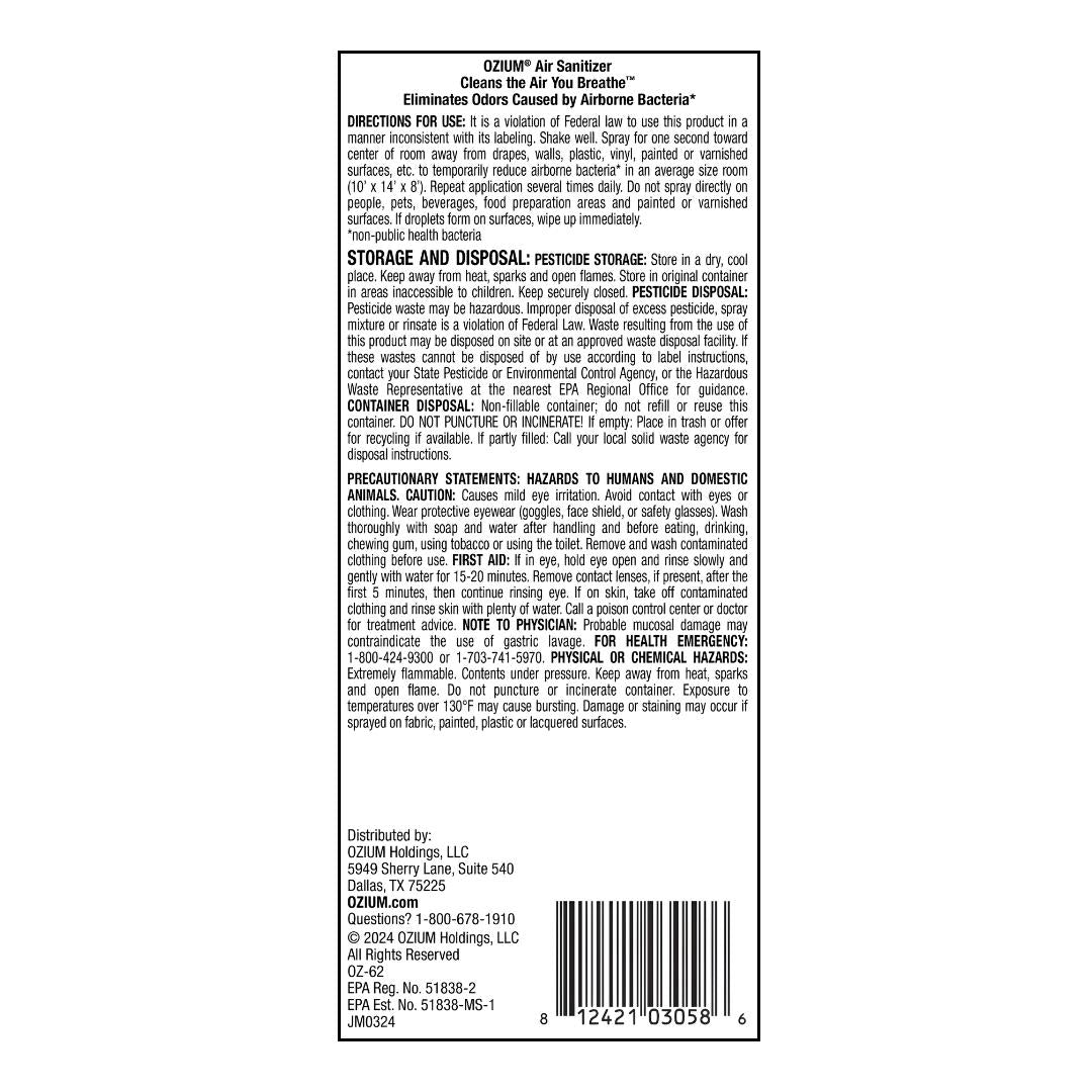 Ozium Air Sanitizer Spray label displayed on a white background - Up N Smoke