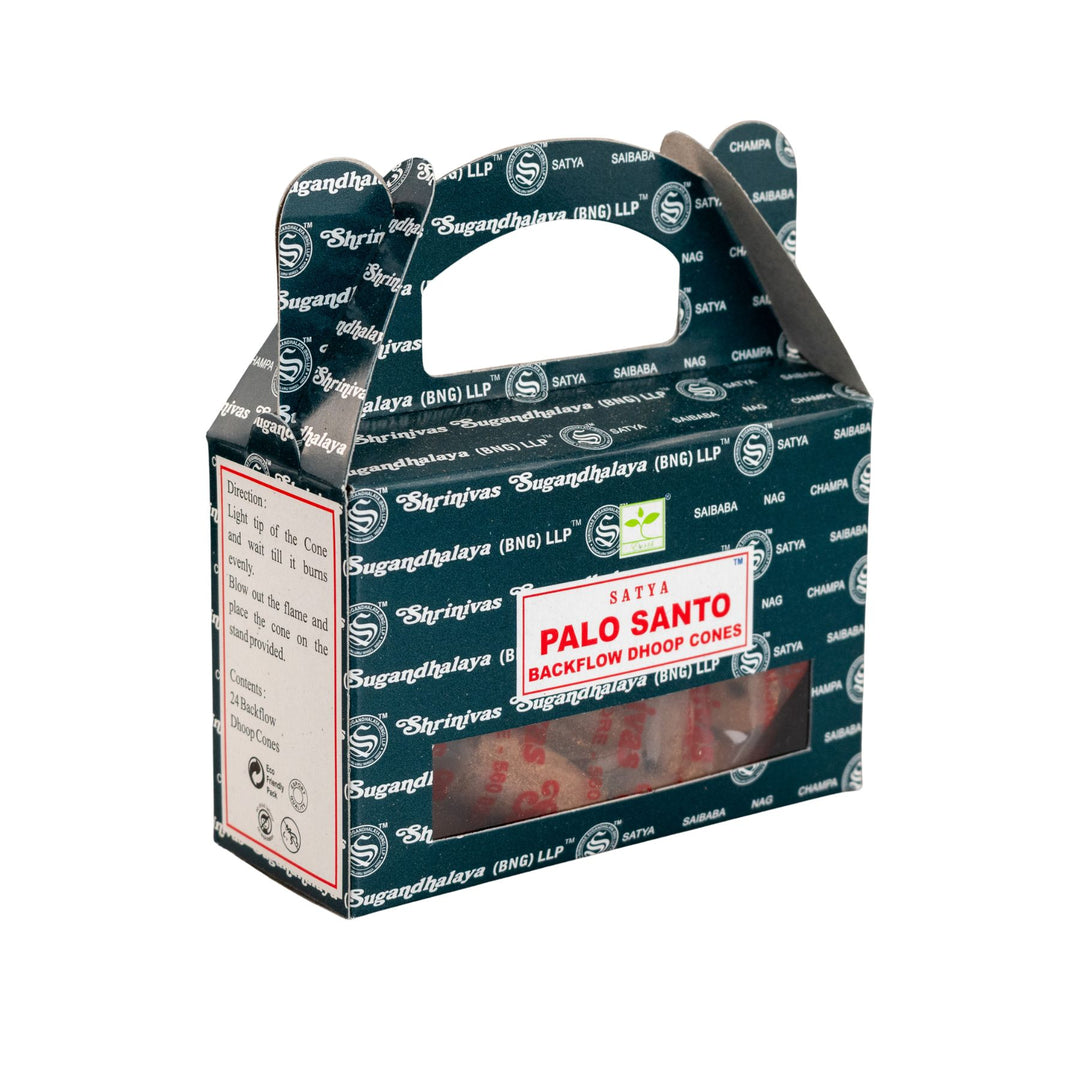 Box of Satya's Palo Santo Backflow Dhoop incense Cones with brand logo on a white background