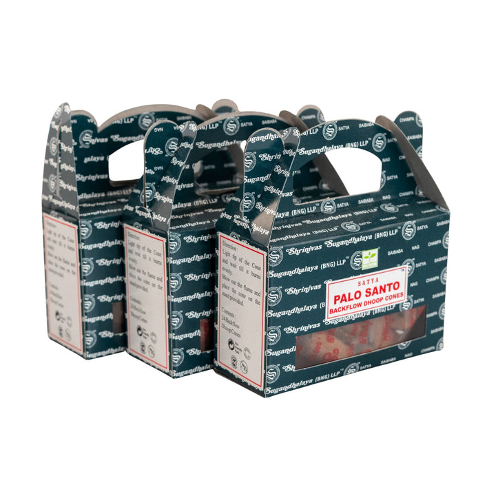 Three Palo Santo Backflow Incense Cone boxes with handles, featuring branding and product information on a white background.