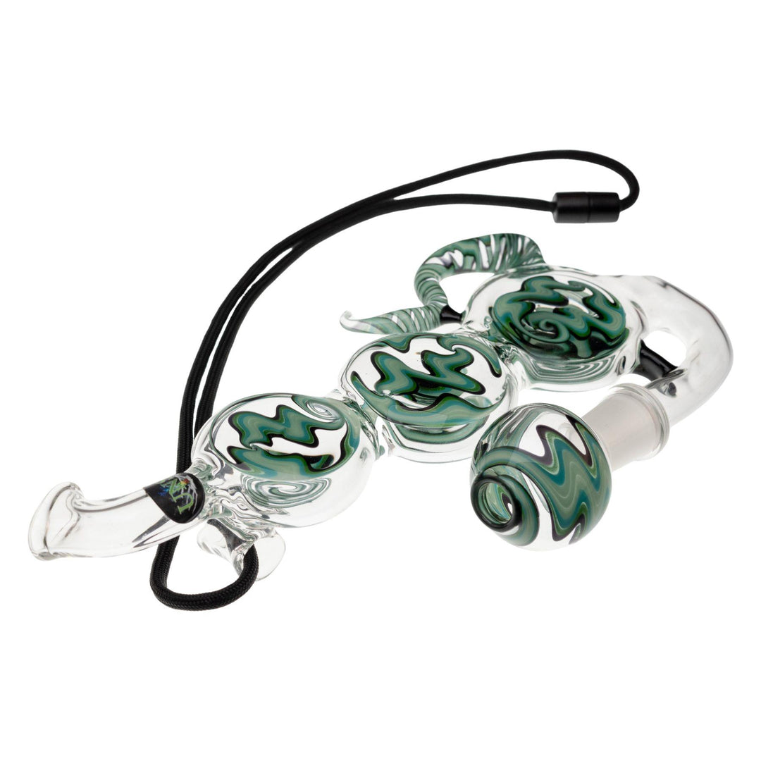 "Side angle of a Wig-Wag Triple Disc Pendant Pipe on a white background," - Up N Smoke.