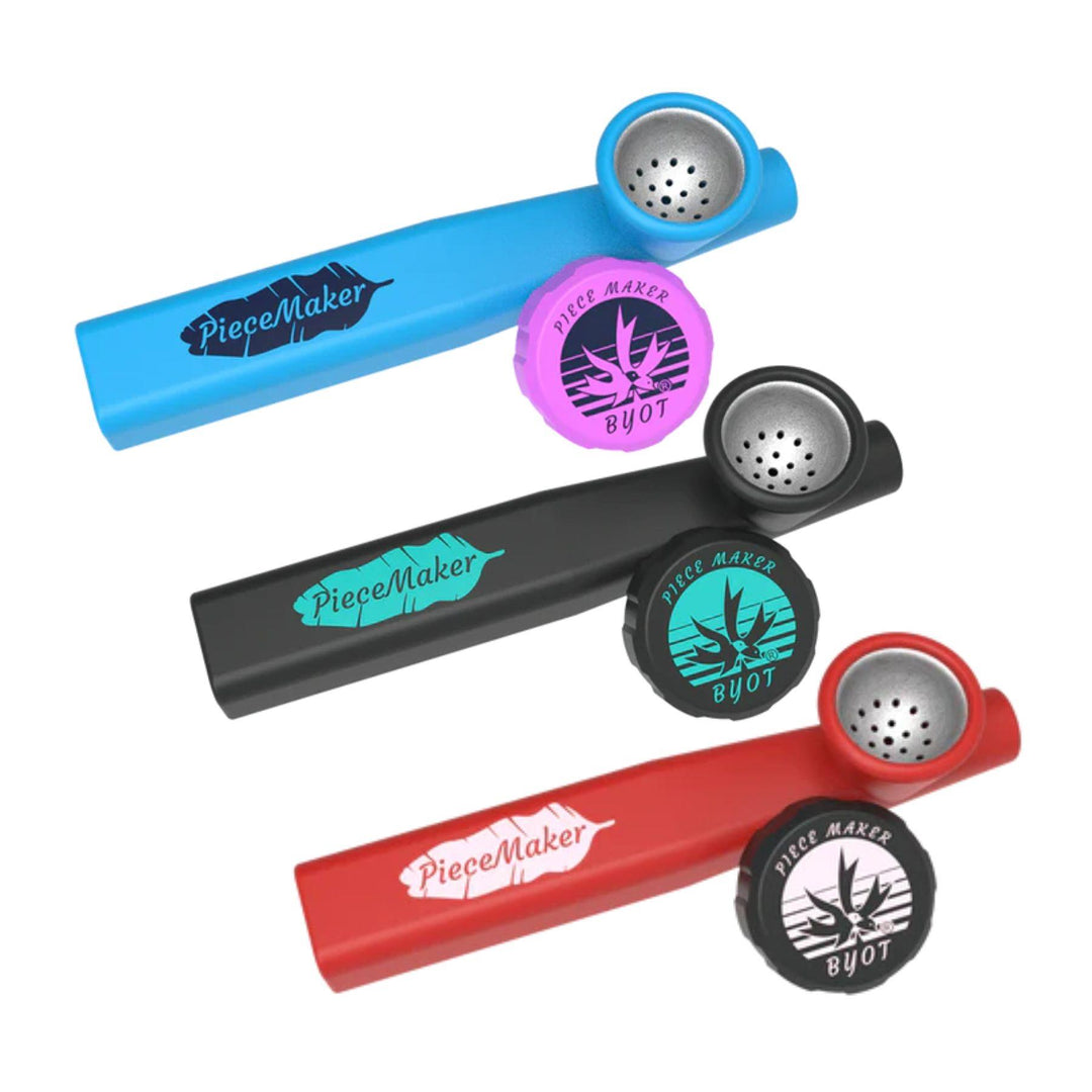 "Three colorful Piecemaker Kazili Silicone pipes with 'PieceMaker' branding on a white background," - Up N Smoke.