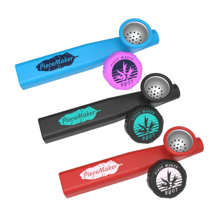 "Three colorful Piecemaker Kazili Silicone pipes with 'PieceMaker' branding on a white background," - Up N Smoke.