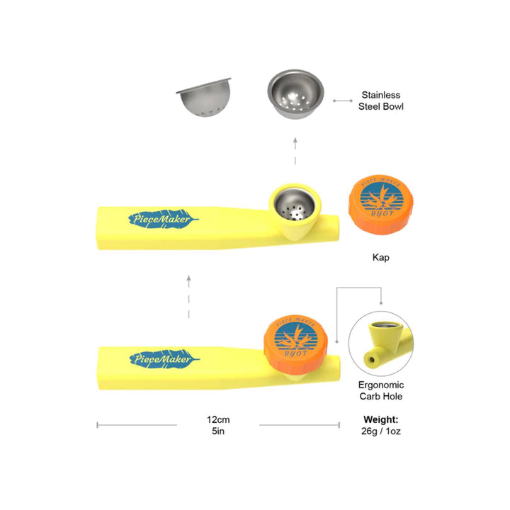"A Yuca Yellow PieceMaker smoking pipe with components labeled on a white background," - Up N Smoke.