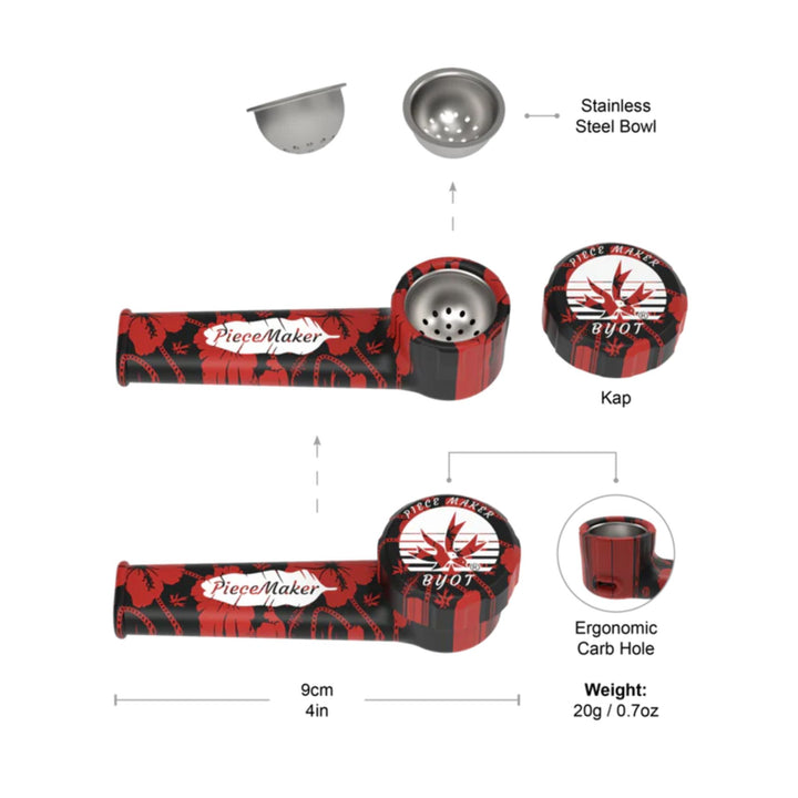 "Red and black smoking pipe with labeled parts on a white background," - Up N Smoke.