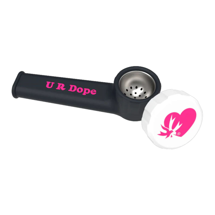 "A black PieceMaker Karma Silicone Pipe with the words 'u r dope' on the bodice," - Up N Smoke.