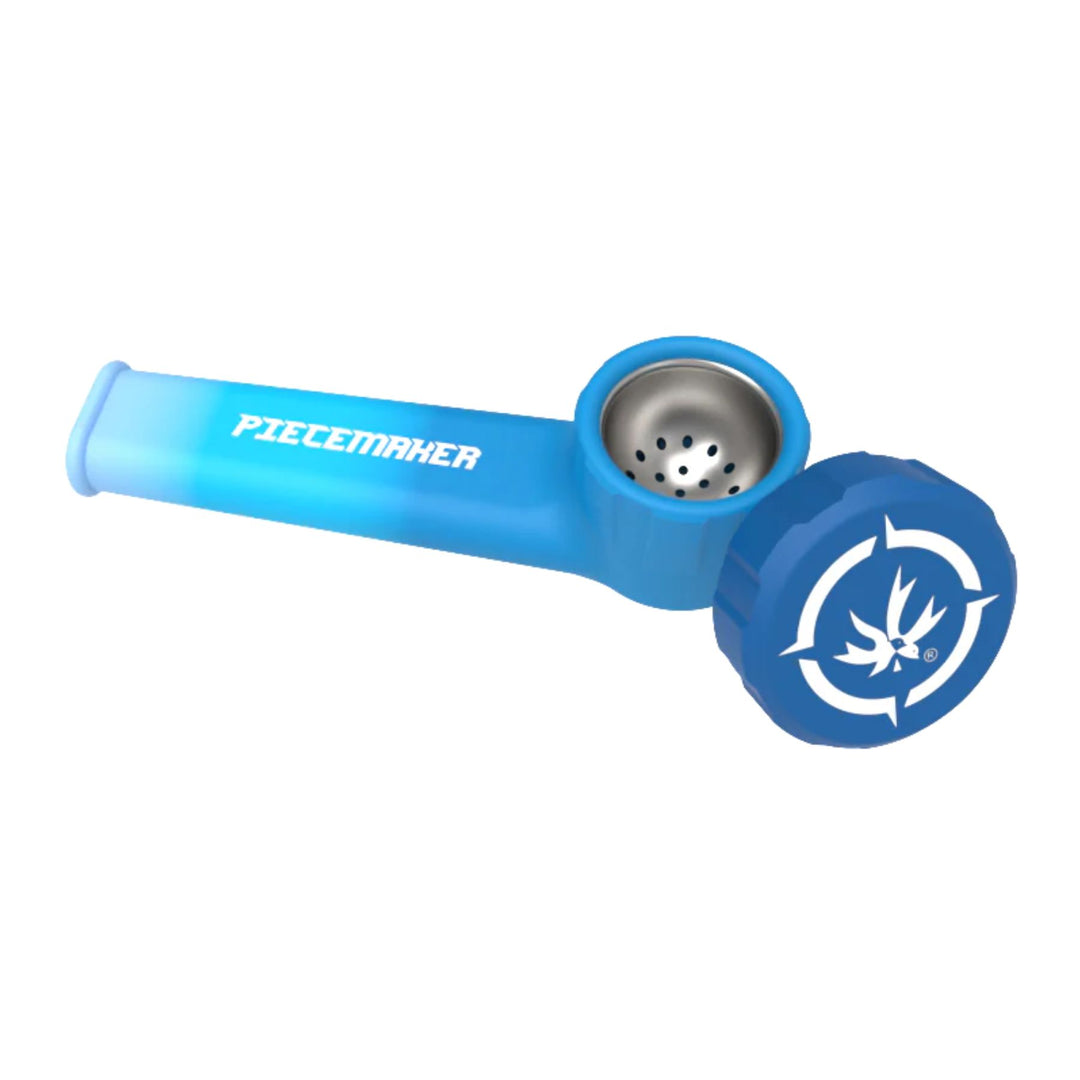 "An ombre blue PieceMaker Karma Silicone Pipe that comes with a bowl cap and features a stainless steel bowl," - Up N Smoke.