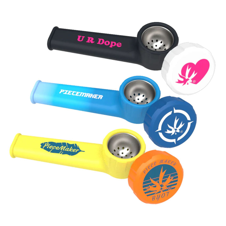 "Three PieceMaker Karma Silicone Pipes in the colors black, ombre blue, and yuca yellow," - Up N Smoke.
